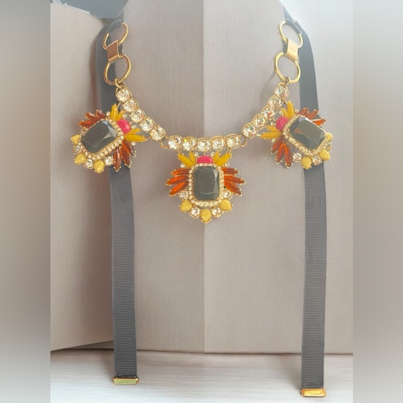 Signed Banana Republic Multi Color Rhinestone Gold Tone and Ribbon Necklace - Picture 2 of 8